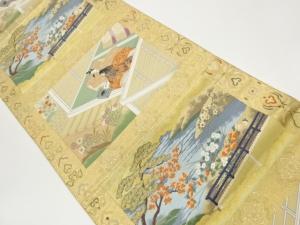 色紙に草花・時代人物風景模様織出し袋帯